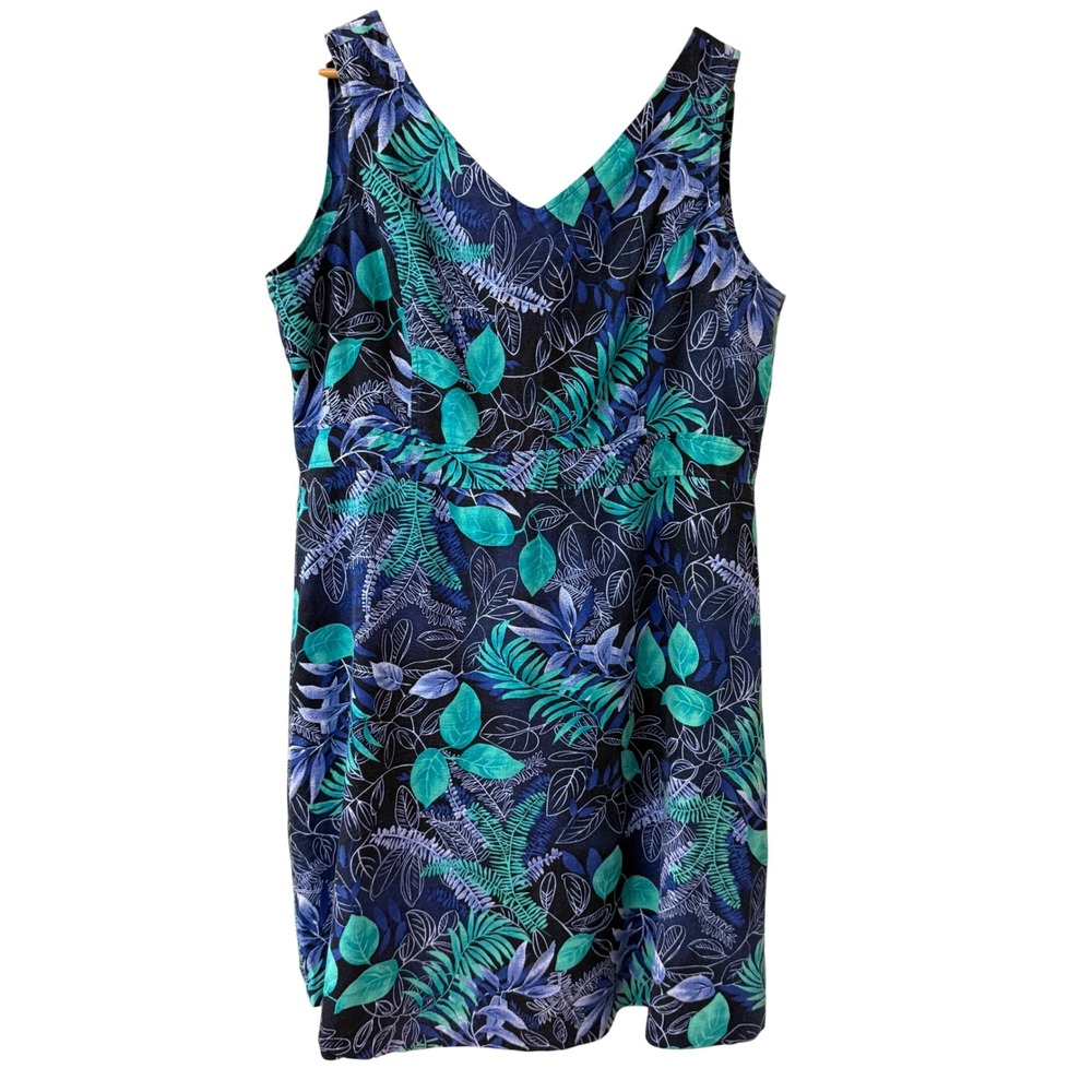 Erika Tropical Empire V-Neck Linen Blend Sleeveless Sheath Dress Size XL Blue